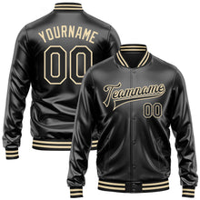Загрузить изображение в средство просмотра галереи, Custom Black Black-Cream Bomber Full-Snap Varsity Faux Leather Letterman Jacket
