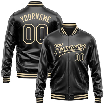 Custom Black Black-Cream Bomber Full-Snap Varsity Faux Leather Letterman Jacket