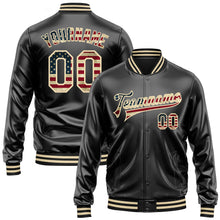 Загрузить изображение в средство просмотра галереи, Custom Black Vintage USA Flag-Cream Bomber Full-Snap Varsity Faux Leather Letterman Jacket
