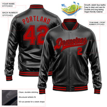 Загрузить изображение в средство просмотра галереи, Custom Black Red-Black Bomber Full-Snap Varsity Faux Leather Letterman Jacket
