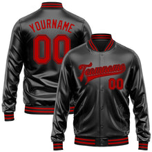 Загрузить изображение в средство просмотра галереи, Custom Black Red-Black Bomber Full-Snap Varsity Faux Leather Letterman Jacket
