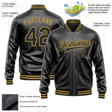 Загрузить изображение в средство просмотра галереи, Custom Black Black-Old Gold Bomber Full-Snap Varsity Faux Leather Letterman Jacket

