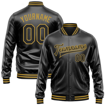 Custom Black Black-Old Gold Bomber Full-Snap Varsity Faux Leather Letterman Jacket