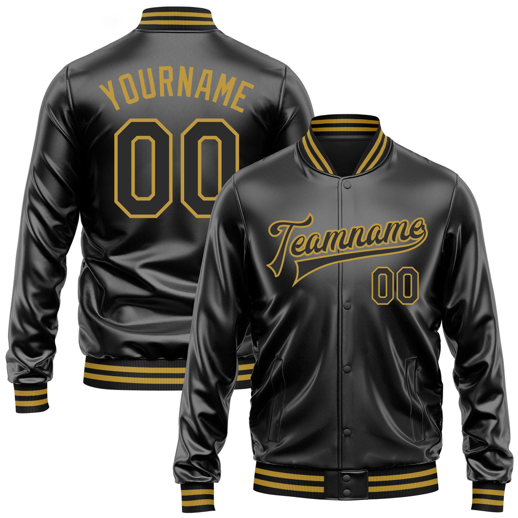 Custom Black Black-Old Gold Bomber Full-Snap Varsity Faux Leather Letterman Jacket