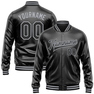 Custom Black Black-Gray Bomber Full-Snap Varsity Faux Leather Letterman Jacket
