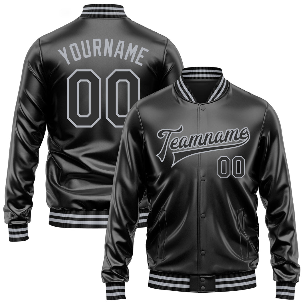 Custom Black Black-Gray Bomber Full-Snap Varsity Faux Leather Letterman Jacket