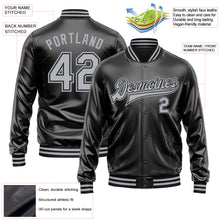 Загрузить изображение в средство просмотра галереи, Custom Black Gray-Black Bomber Full-Snap Varsity Faux Leather Letterman Jacket
