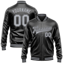 Загрузить изображение в средство просмотра галереи, Custom Black Gray-Black Bomber Full-Snap Varsity Faux Leather Letterman Jacket
