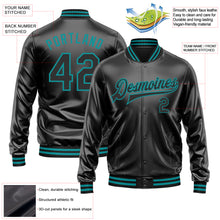 Загрузить изображение в средство просмотра галереи, Custom Black Black-Teal Bomber Full-Snap Varsity Faux Leather Letterman Jacket
