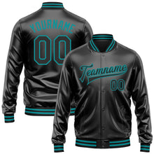 Загрузить изображение в средство просмотра галереи, Custom Black Black-Teal Bomber Full-Snap Varsity Faux Leather Letterman Jacket
