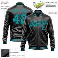 Загрузить изображение в средство просмотра галереи, Custom Black Teal-Black Bomber Full-Snap Varsity Faux Leather Letterman Jacket

