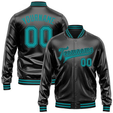 Загрузить изображение в средство просмотра галереи, Custom Black Teal-Black Bomber Full-Snap Varsity Faux Leather Letterman Jacket
