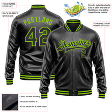 Загрузить изображение в средство просмотра галереи, Custom Black Black-Neon Green Bomber Full-Snap Varsity Faux Leather Letterman Jacket
