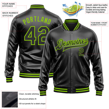 Custom Black Black-Neon Green Bomber Full-Snap Varsity Faux Leather Letterman Jacket
