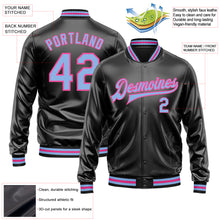 Загрузить изображение в средство просмотра галереи, Custom Black Light Blue-Pink Bomber Full-Snap Varsity Faux Leather Letterman Jacket
