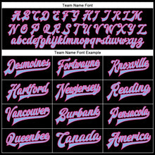 Загрузить изображение в средство просмотра галереи, Custom Black Light Blue-Pink Bomber Full-Snap Varsity Faux Leather Letterman Jacket
