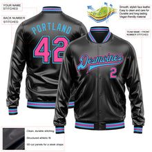 Загрузить изображение в средство просмотра галереи, Custom Black Pink-Sky Blue Bomber Full-Snap Varsity Faux Leather Letterman Jacket
