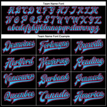 Загрузить изображение в средство просмотра галереи, Custom Black Pink-Sky Blue Bomber Full-Snap Varsity Faux Leather Letterman Jacket
