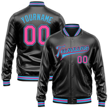Загрузить изображение в средство просмотра галереи, Custom Black Pink-Sky Blue Bomber Full-Snap Varsity Faux Leather Letterman Jacket
