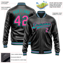 Загрузить изображение в средство просмотра галереи, Custom Black Pink-Aqua Bomber Full-Snap Varsity Faux Leather Letterman Jacket
