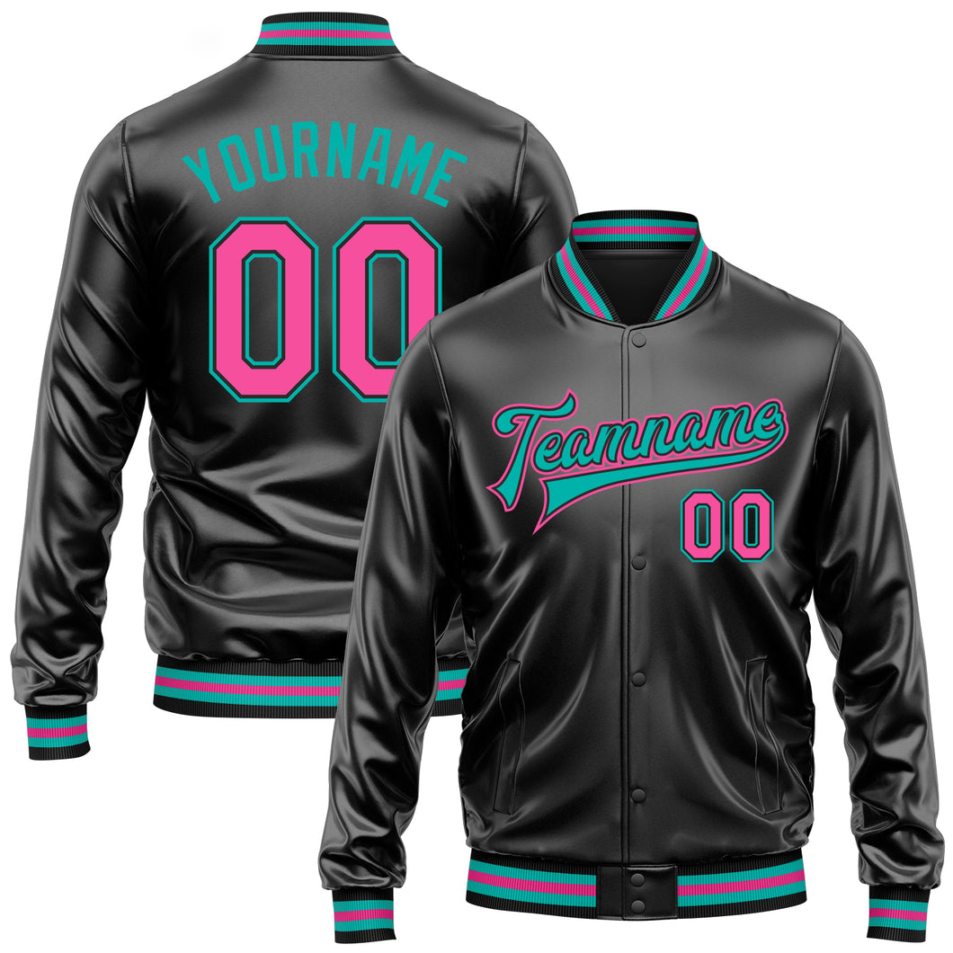 Custom Black Pink-Aqua Bomber Full-Snap Varsity Faux Leather Letterman Jacket