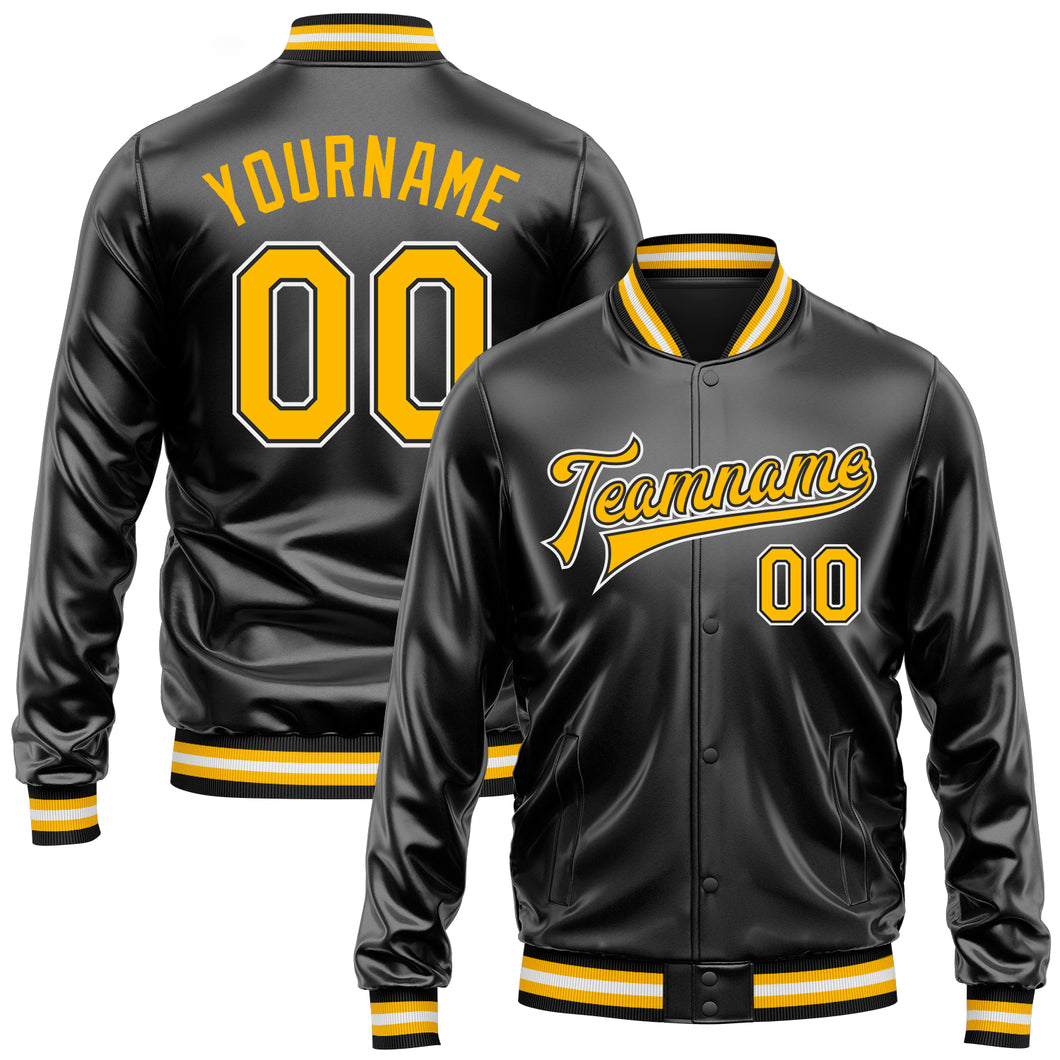 Custom Black Gold-White Bomber Full-Snap Varsity Faux Leather Letterman Jacket