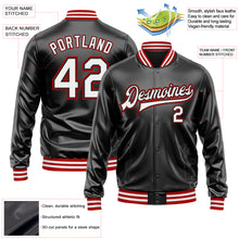 Загрузить изображение в средство просмотра галереи, Custom Black White-Red Bomber Full-Snap Varsity Faux Leather Letterman Jacket
