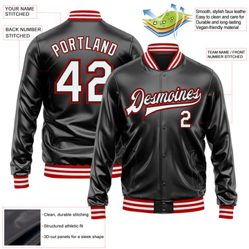 Custom Black White-Red Bomber Full-Snap Varsity Faux Leather Letterman Jacket