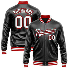Загрузить изображение в средство просмотра галереи, Custom Black White-Red Bomber Full-Snap Varsity Faux Leather Letterman Jacket
