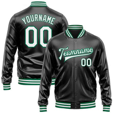 Загрузить изображение в средство просмотра галереи, Custom Black White-Kelly Green Bomber Full-Snap Varsity Faux Leather Letterman Jacket
