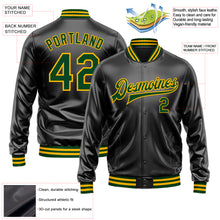 Загрузить изображение в средство просмотра галереи, Custom Black Green-Gold Bomber Full-Snap Varsity Faux Leather Letterman Jacket
