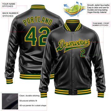 Custom Black Green-Gold Bomber Full-Snap Varsity Faux Leather Letterman Jacket