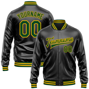 Custom Black Green-Gold Bomber Full-Snap Varsity Faux Leather Letterman Jacket
