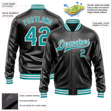 Загрузить изображение в средство просмотра галереи, Custom Black Teal-White Bomber Full-Snap Varsity Faux Leather Letterman Jacket
