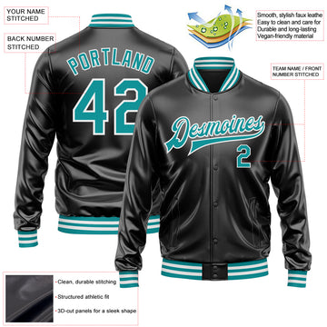 Custom Black Teal-White Bomber Full-Snap Varsity Faux Leather Letterman Jacket