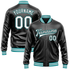 Загрузить изображение в средство просмотра галереи, Custom Black White-Teal Bomber Full-Snap Varsity Faux Leather Letterman Jacket
