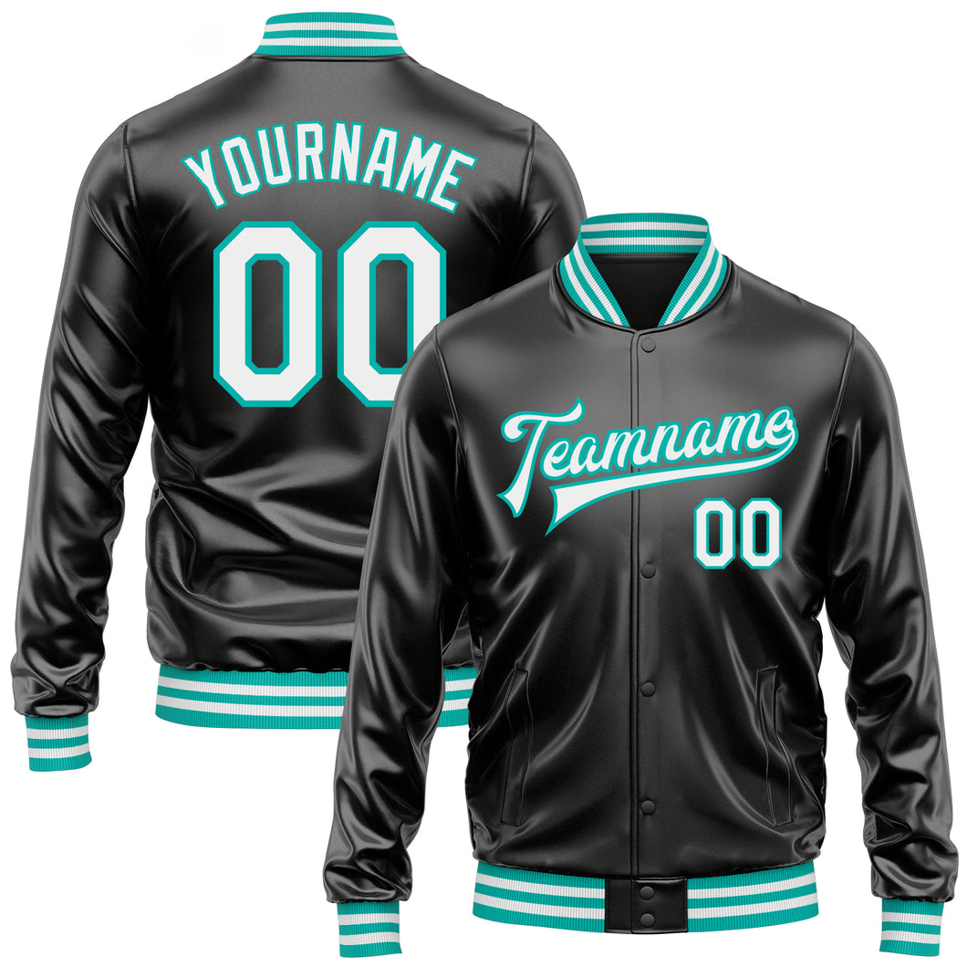 Custom Black White-Aqua Bomber Full-Snap Varsity Faux Leather Letterman Jacket