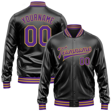 Custom Black Purple-Old Gold Bomber Full-Snap Varsity Faux Leather Letterman Jacket