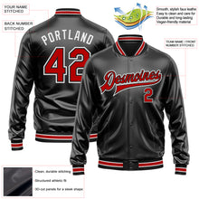 Загрузить изображение в средство просмотра галереи, Custom Black Red-White Bomber Full-Snap Varsity Faux Leather Letterman Jacket
