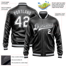 Загрузить изображение в средство просмотра галереи, Custom Black White-Gray Bomber Full-Snap Varsity Faux Leather Letterman Jacket
