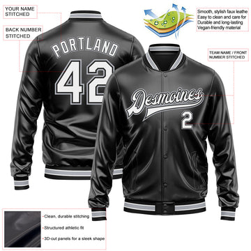 Custom Black White-Gray Bomber Full-Snap Varsity Faux Leather Letterman Jacket