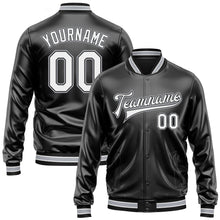 Загрузить изображение в средство просмотра галереи, Custom Black White-Gray Bomber Full-Snap Varsity Faux Leather Letterman Jacket

