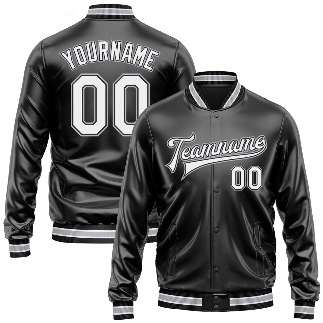 Custom Black White-Gray Bomber Full-Snap Varsity Faux Leather Letterman Jacket