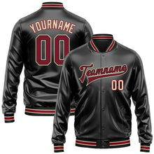 Загрузить изображение в средство просмотра галереи, Custom Black Crimson-City Cream Bomber Full-Snap Varsity Faux Leather Letterman Jacket
