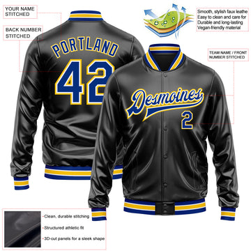 Custom Black Royal-Yellow Bomber Full-Snap Varsity Faux Leather Letterman Jacket