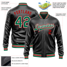 Загрузить изображение в средство просмотра галереи, Custom Black Kelly Green-Red Bomber Full-Snap Varsity Faux Leather Letterman Jacket
