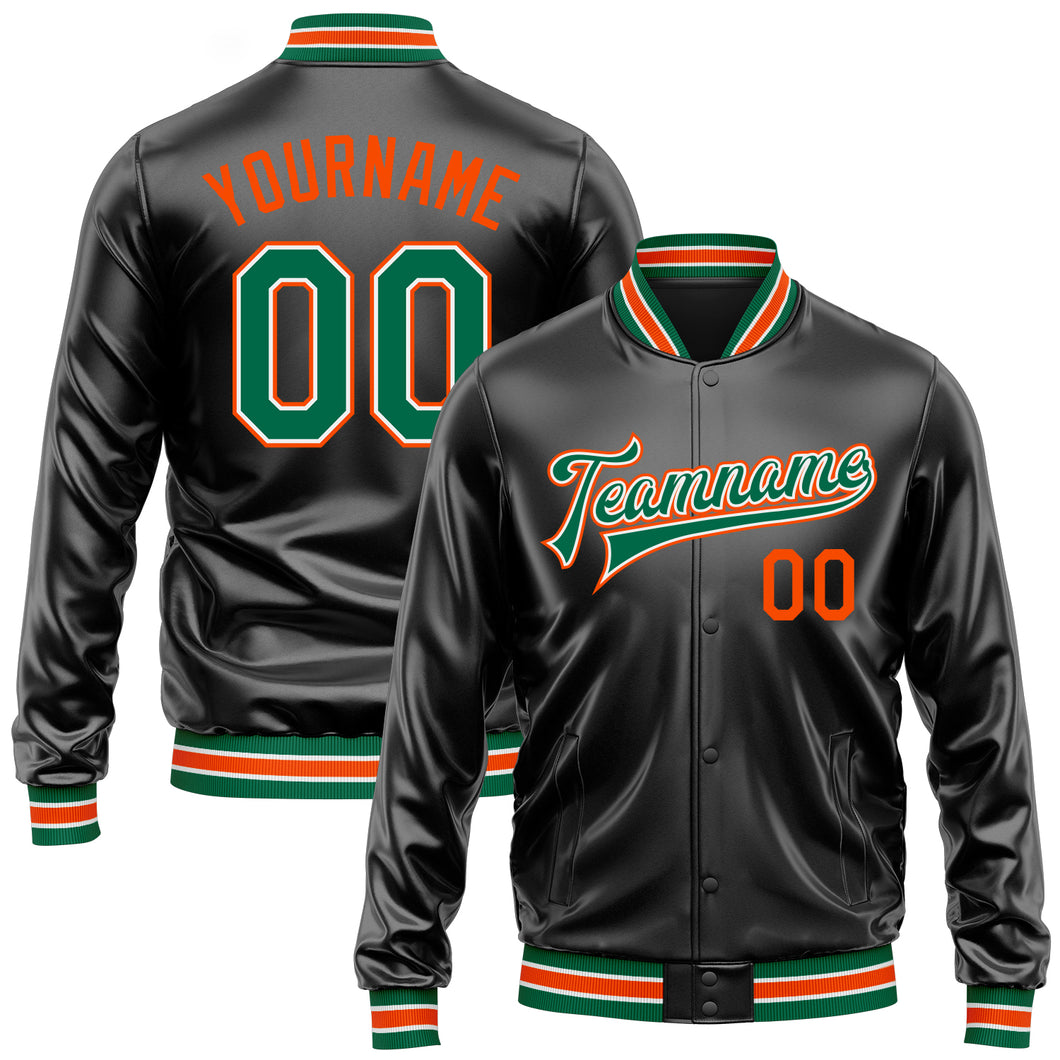 Custom Black Kelly Green-Orange Bomber Full-Snap Varsity Faux Leather Letterman Jacket