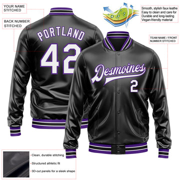 Custom Black White-Purple Bomber Full-Snap Varsity Faux Leather Letterman Jacket
