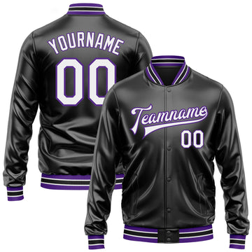 Custom Black White-Purple Bomber Full-Snap Varsity Faux Leather Letterman Jacket