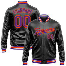 Загрузить изображение в средство просмотра галереи, Custom Black Purple-Orange Bomber Full-Snap Varsity Faux Leather Letterman Jacket
